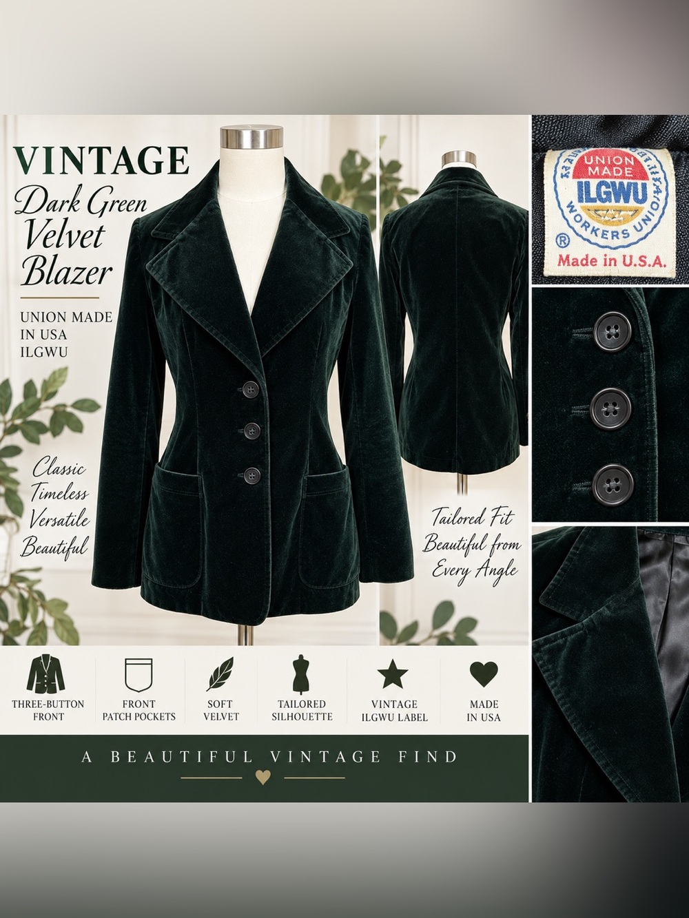 Vintage ILGWU Dark Green Velvet Blazer Jacket Union Made USA Women’s